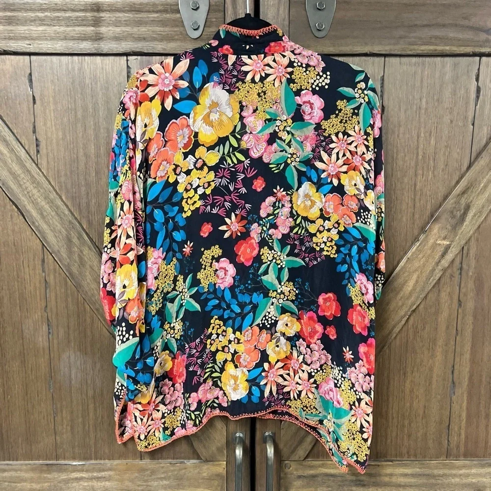 Johnny Was Poppy Floral Button Blouse Long Sleeve Whip Stitch Detail Size Small